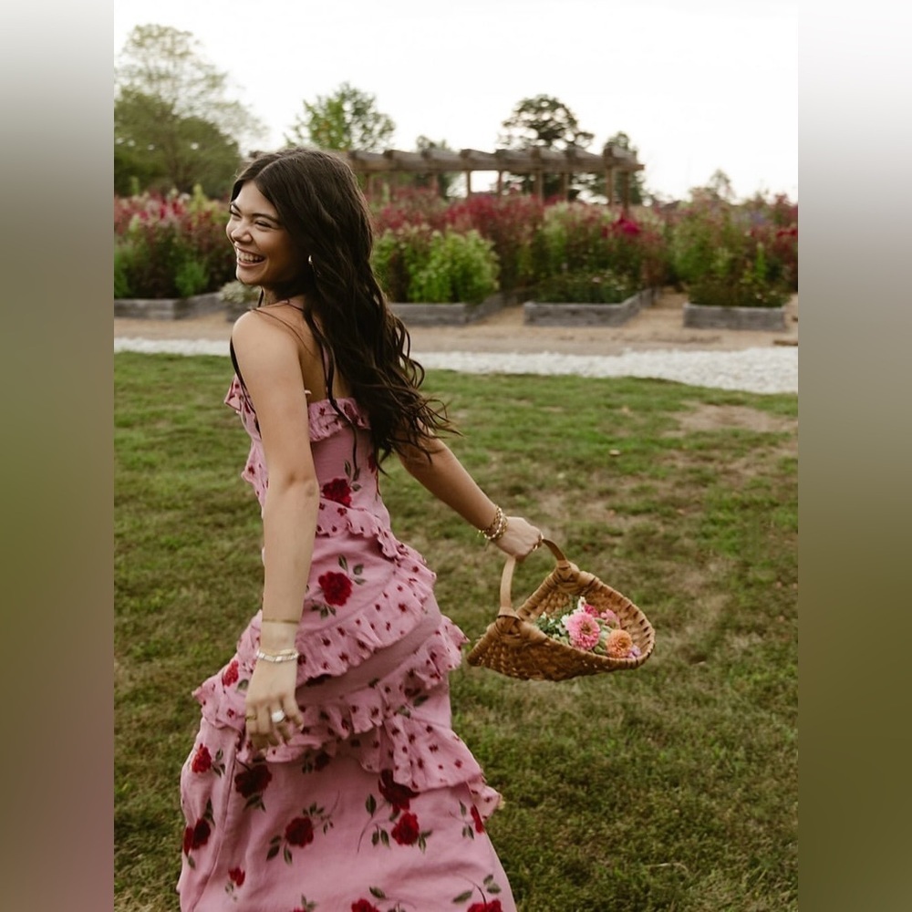 Jessica Simpson Tiered Rose Print Gown in Bare Pink - Picture 2 of 9